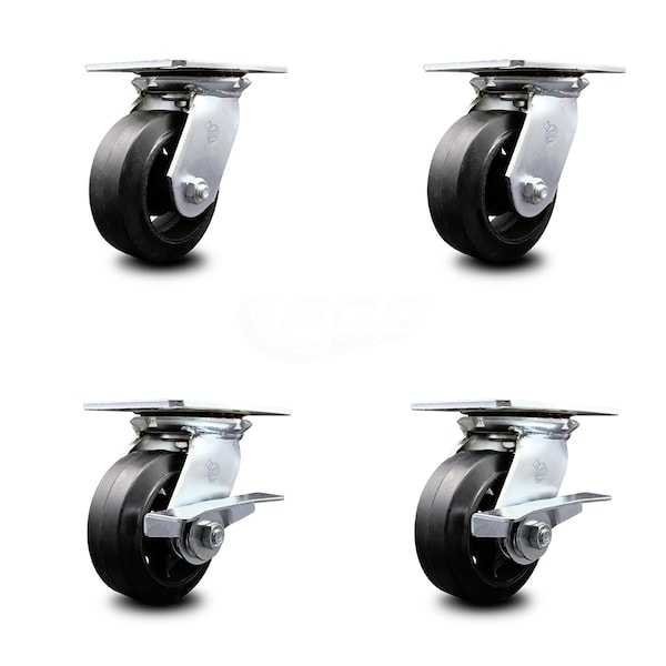 5 Inch Rubber on Steel Swivel Caster Set with Ball Bearings 2 Brakes SCC